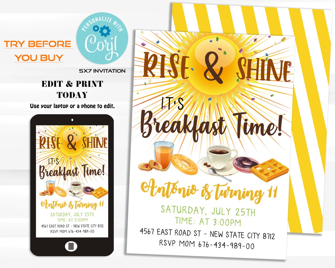 Breakfast Birthday Invitation Editable Rise and Shine Party Etsy