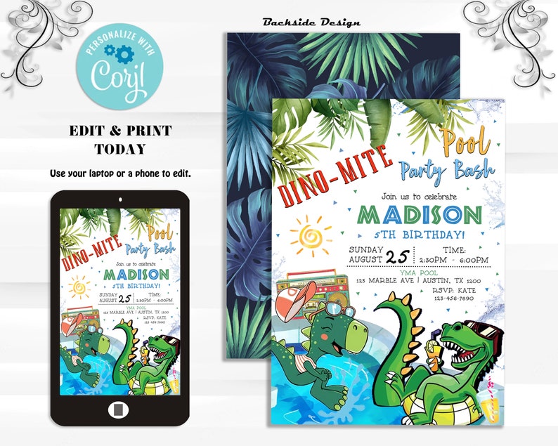 Dinosaur Pool Birthday Invitation Dinosaur Invitation Dino Etsy