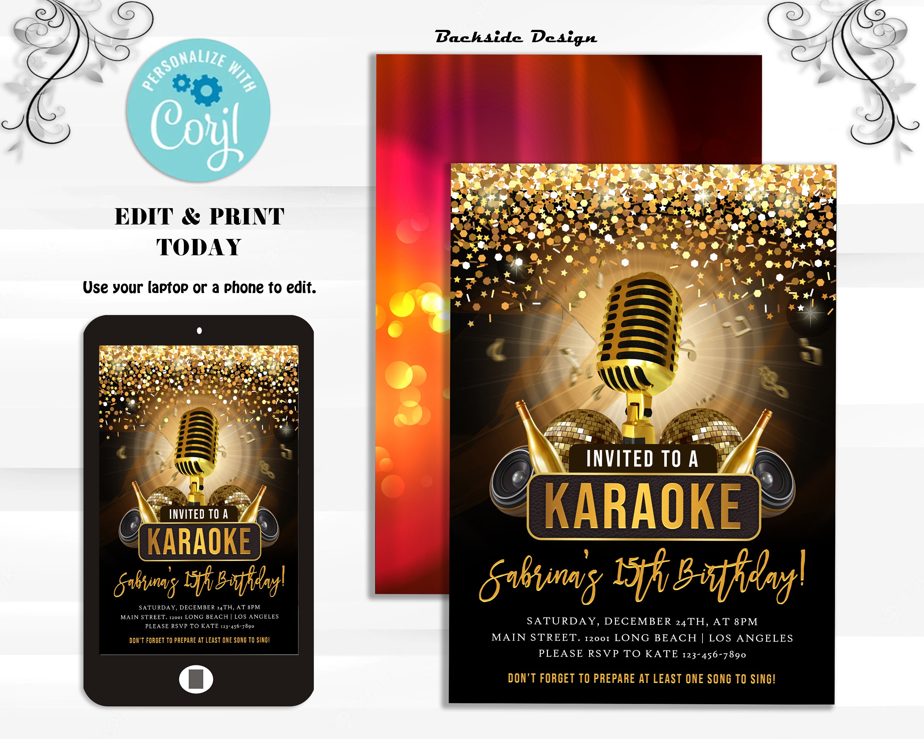 Gold Glitter Karaoke Party Invitation, Karaoke Birthday Invitation