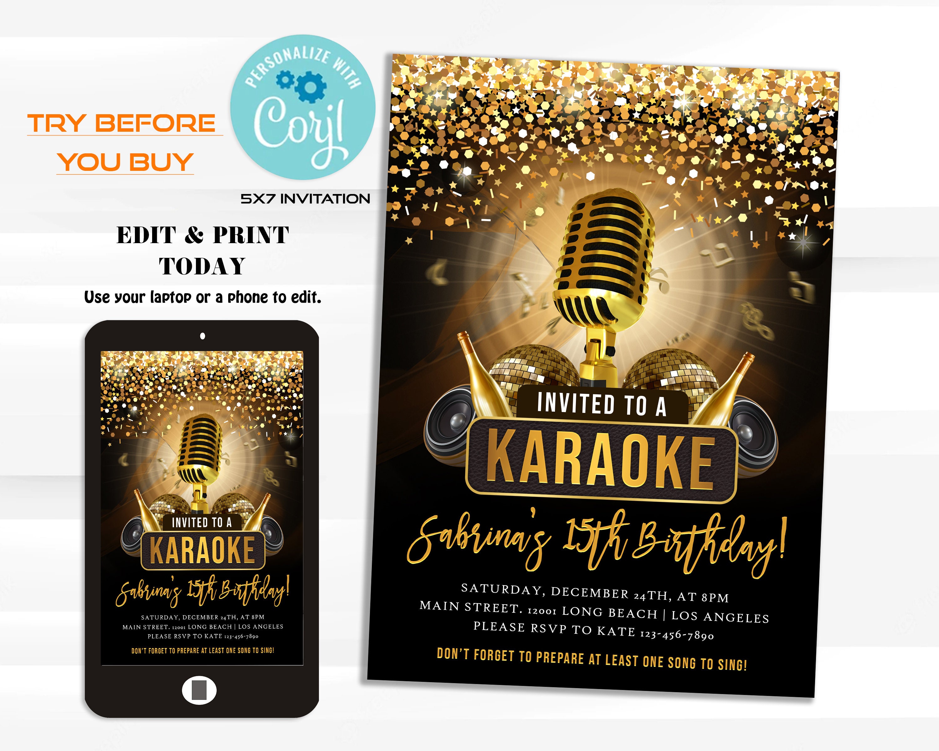 Gold Glitter Karaoke Party Invitation Karaoke Birthday Etsy