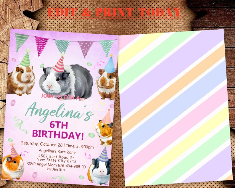 Guinea Pig Birthday Party Invitation Guinea Pig Invite Pig - Etsy