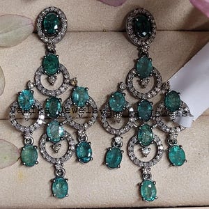 Natural Emerald Diamond Dangle Earrings - Handmade Earrings - Sterling Silver Halo Earrings - Emerald Jewelry for Wedding - Gift for Her