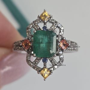 Natural Emerald & Rainbow Sapphire Cocktail Ring, 925 Sterling Silver Diamond Statement Jewelry, Birthday Gift