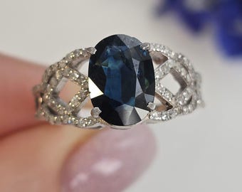 Anillo de zafiro natural y diamantes, joyería de cóctel de plata de ley 925, regalo de aniversario de bodas para mujer.