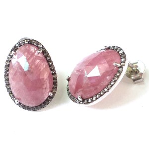 Ruby Stud Earrings With Natural Diamond, 925 Sterling Silver,Natural Ruby Stud, Fancy Oval Diamond Stud Earrings, July Birthstone