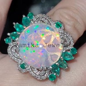 Natural Fire Opal Diamond Ring, Handmade Pave Diamond Cocktail Ring, Sterling Silver Emerald Statement Ring, Gift for Her, Multi Stone Ring