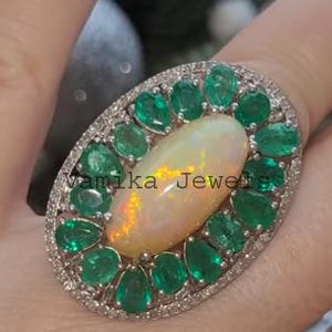 Natural Fire Opal & Diamond Ring, Sterling Silver Emerald Cluster Cocktail Jewelry, Statement Ring