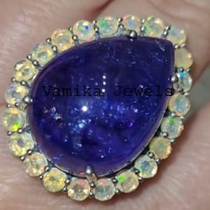 Natural Opal Ring, Big Tanzanite Ring, Cocktail Ring , 925 Solid Sterling Silver Statement Ring, Cluster Ring, Multi Stone Engagement Ring