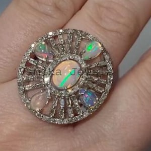 Natural Fire Opal Pave Diamond Ring, Baguette Diamond Cocktail Ring, 925 Sterling Silver, Multi Stone Statement Ring, Birthday Gift for Her