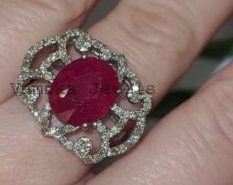 Natural Ruby Ring with Pave Diamond Halo, Handmade Sterling Silver Cocktail Jewelry Statement Piece