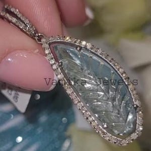 Natural Aquamarine Pave Diamond Pendant, 925 Sterling Silver Halo Pendant, Leaf Carving Pendant, Silver Diamond Jewelry Gift for Her