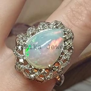 Natural Beautiful Opal Diamond Ring, Pave Diamond Cocktail Ring, 925 Sterling Silver Opal Ring, Statement Diamond Ring, Jewelry Gift for Her
