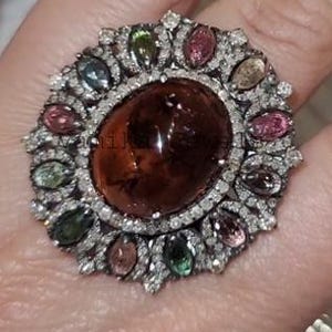 Natural Tourmaline Diamond Ring, Handmade Cocktail Ring, Sterling Silver Tourmaline Diamond Statement Ring, Diamond Jewelry Gift for Her