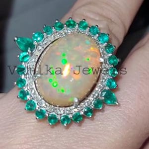 Opal Diamond Ring, Diamond Cocktail Ring, Sterling Silver Emerald Statement Ring, Opal Emerald Multi Stone Ring With Diamond, Birthday Gift