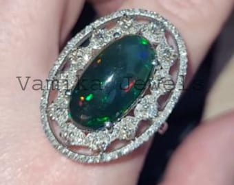 ブラックオパールダイヤモンドリング、925スターリングシルバー