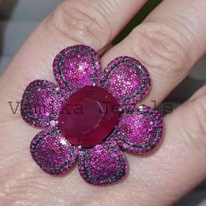 Ruby Ring Silver, Ruby Cocktail Ring, Silver Ruby Ring, Halo Ruby Ring, Ruby Cluster Ring, Sterling Silver Ring, Statement Ring Gift For Her