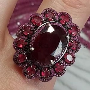 Ruby Ring Silver, Ruby Cocktail Ring, Silver Ruby Ring, Halo Ruby Ring, Ruby Cluster Ring, Sterling Silver Ring, Statement Ring Gift For Her