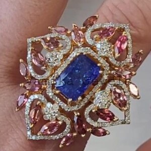 Natural Tanzanite Pave Diamond Ring, Handmade Cocktail Ring, 925 Sterling Silver, Gold Plated Tourmaline Ring, Engagement & Wedding Gift