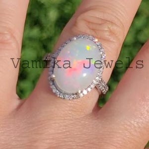 Natural Fire Opal Pave Diamond Ring, Handmade Cocktail Ring, 925 Sterling Silver, Statement Ring, Anniversary & Wedding Gifts for Women