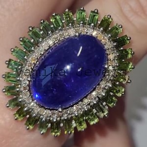 Natural Tanzanite Diamond Ring, Handmade Green Tourmaline Cocktail Ring, 925 Sterling Silver Multi Stone Ring, Silver Jewelry Gift for Her