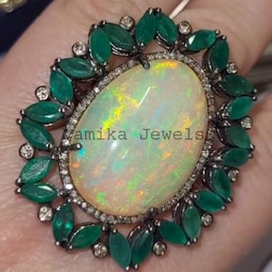 Natural Fire Opal & Emerald Diamond Ring, Sterling Silver Halo Cocktail Jewelry, Statement Ring