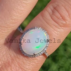 Natural Fire Opal Pave Diamond Ring, Handmade Cocktail Ring, 925 Sterling Silver, Statement Ring, Anniversary & Wedding Gifts for Wife Her