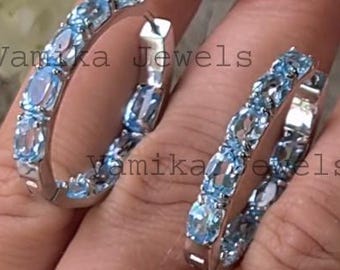 Natural Blue Topaz Hoop Earrings, Handmade Sterling Silver Boho Wedding Jewelry