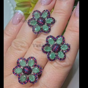 Natural Emerald Ruby Sapphire Jewelry Set, 925 Sterling Silver Ring Earrings, Birthday Gift