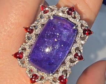 Natural Tanzanite Diamond Statement Ring, 925 Sterling Silver Red Sapphire Cocktail Jewelry For Women