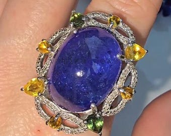 Natural Tanzanite Diamond Statement Ring, 925 Sterling Silver Rainbow Sapphire Cocktail Jewelry For Women