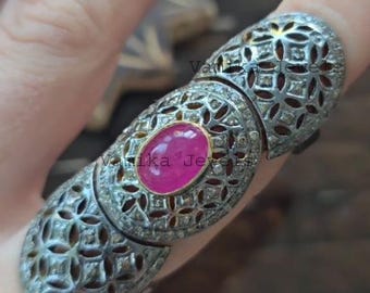 Natural Ruby Statement Ring, 925 Sterling Silver Pave Diamond Halo Cocktail Jewelry