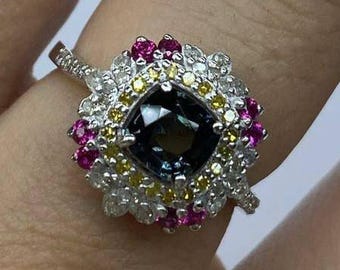 Natural Spinel Ruby Diamond Cocktail Ring, 925 Sterling Silver Multi-Stone Statement Jewelry