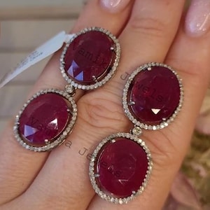 Natural Ruby Diamond Dangle Earrings- Handmade Earrings - Halo Earrings Sterling Silver - Jewelry for Engagement - July Birthstone earrings