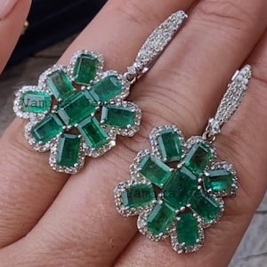Natural Emerald Diamond Dangle Earrings - Handmade Earrings - Sterling Silver Halo Earrings - Emerald Jewelry for Wedding - Gift for Her