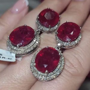 Natural Ruby Diamond Dangle Earrings- Handmade Earrings - Halo Earrings Sterling Silver - Jewelry for Engagement - July Birthstone earrings