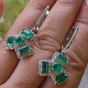 Natural Emerald Diamond Dangle Earrings - Handmade Earrings - Sterling Silver Halo Earrings - Minimalist Emerald Jewelry - Gift for Women