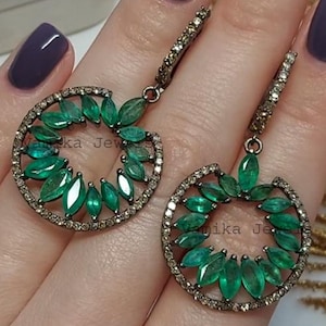 Natural Emerald Diamond Dangle Earrings - Handmade Emerald Earrings - 925 Silver Halo Emerald Earrings - Unique Emerald Jewelry for Women