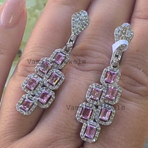 Natural Pink Topaz Diamond Dangle Earring - Handmade Baguette Pink Topaz Earring - Silver Baguette Diamond Earring - Jewelry Gift For Her