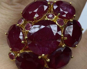 Anello con rubino naturale, gioiello con design Halo in argento sterling 925 placcato oro
