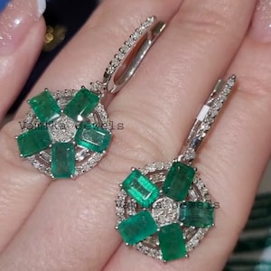 Natural Emerald Diamond Dangle Earrings - Handmade Emerald Earrings - 925 Silver Halo Emerald Earrings - Unique Emerald Jewelry for Women