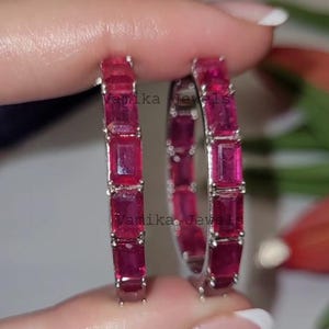 Natural Ruby Inside Out Hoop Earring - Sterling Silver Ruby Hoop Earring- Silver Hoop Earring - Baguette Cut Earring - Jewelry Gift for Her