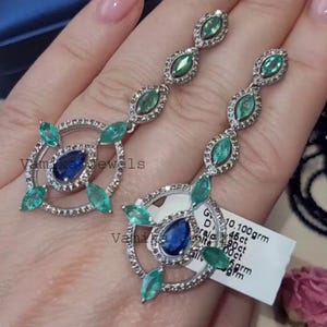 Natural Emerald Diamond Dangle Earrings - Kyanite Pave Diamond Earring - Silver Halo Earrings - Multi Stone Earrings - Jewelry Gift for Her