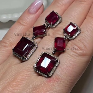 Natural Ruby Diamond Dangle Earring, 925 Sterling Silver Statement Jewelry, Wedding Gift For Wife