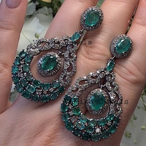 Natural Emerald Diamond Dangle Earring - Handmade Pave Earrings - Halo Earrings Sterling Silver - Emerald Jewelry for Wedding - Gift for Her