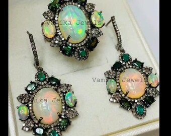 Natural Opal & Tourmaline Jewelry Set, 925 Sterling Silver Emerald Pave Diamond Halo Ring Earrings