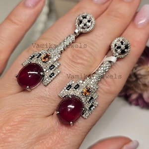 Boucle d'oreille diamant rubis naturel, bijoux saphir orange en argent sterling 925 avec émail noir