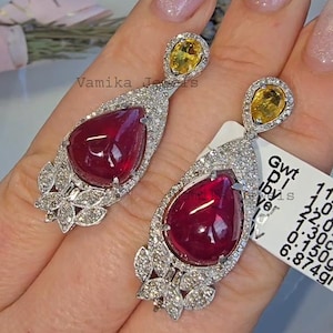 Pendientes de rubí natural y diamantes, joyería llamativa de zafiro amarillo en plata de ley 925, regalo de cumpleaños