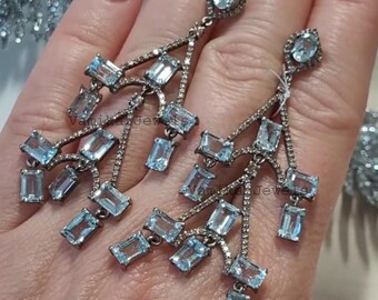 Natural Aquamarine & Pave Diamond Earrings, Sterling Silver Dangle Drop Statement Jewelry