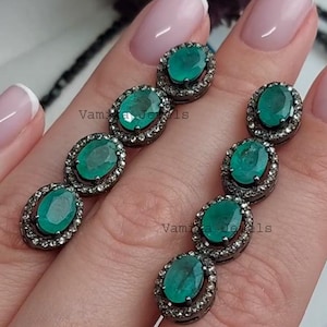 Natural Emerald Diamond Dangle Earrings - Handmade Emerald Earrings - 925 Silver Halo Emerald Earrings - Unique Emerald Jewelry for Women