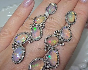 Natural Opal Diamond Dangle Earrings, 925 Sterling Silver Bridal Jewelry, Birthday Gift For Wife